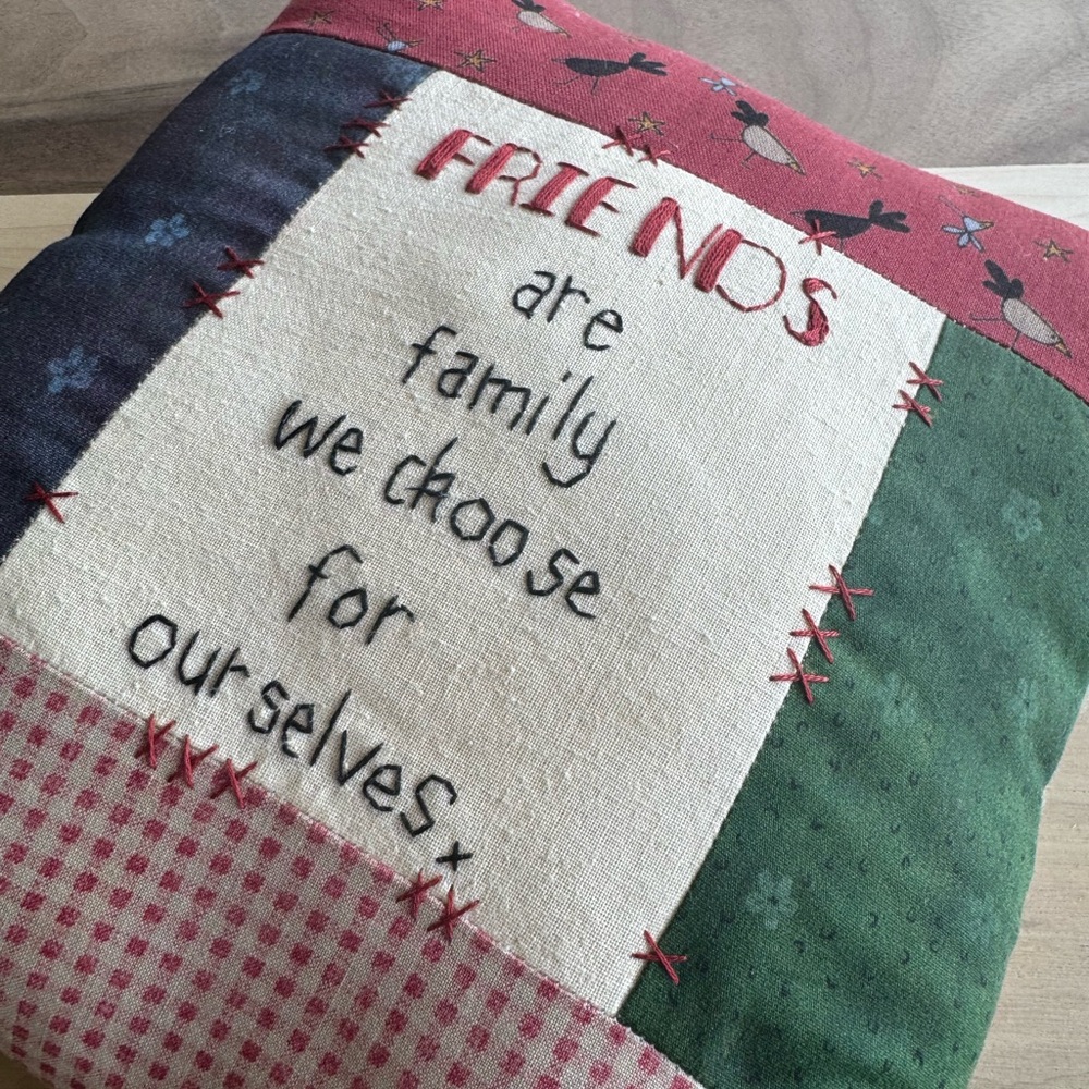 Vintage Embroidered Patchwork Pillow friends quote